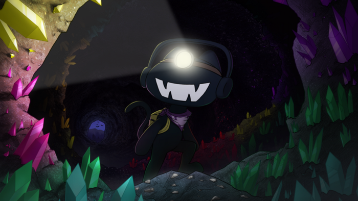 Black creature with headlamp in a crystal cave