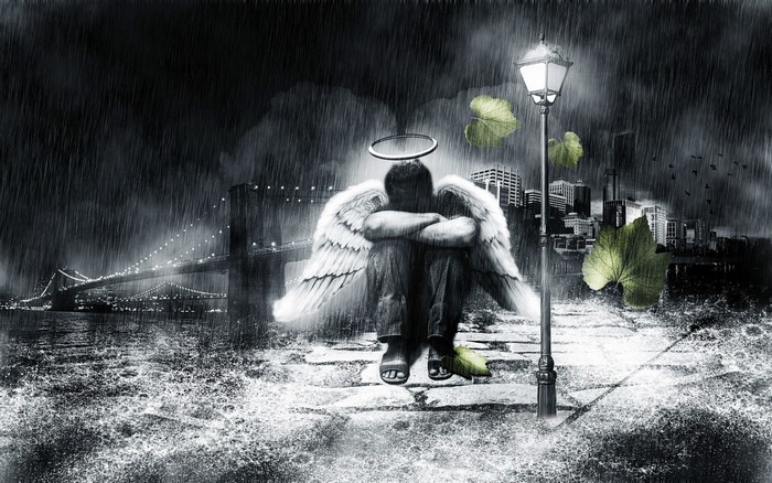 Sad angel sitting in the rain with city and bridge background