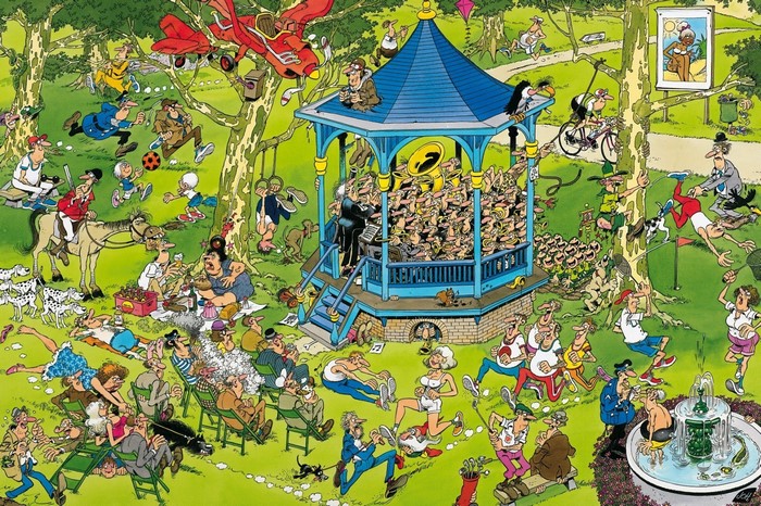 Cartoon park scene with band playing and people picnicking