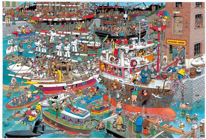 Busy Harbor with Boats and People