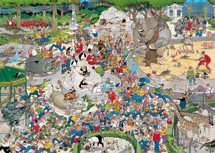 Zoo scene with crowds and animals