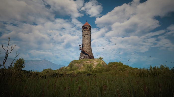 Stone tower on a hill with birds flying in the sky