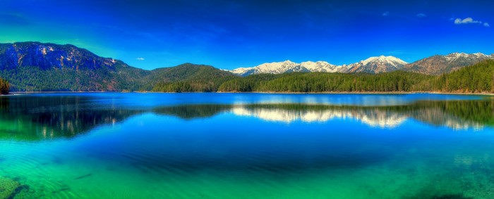 Panoramic view of a lake with mountains and forest