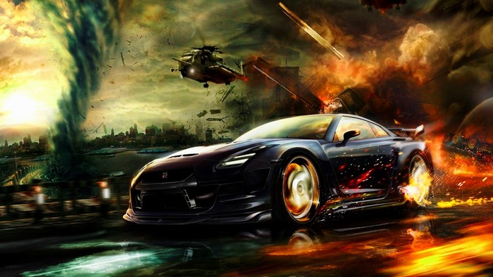 Nissan GT-R R35 in a chaotic city scene