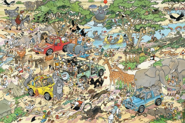 Cartoon safari with people and animals