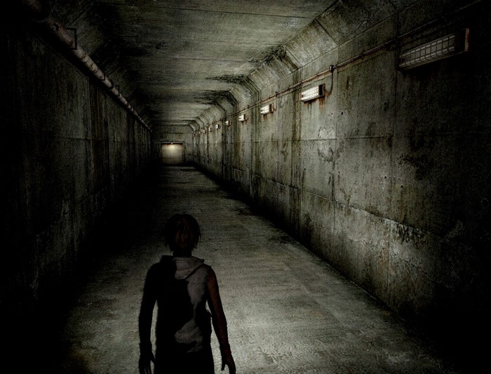 Character from Silent Hill in a dark concrete tunnel