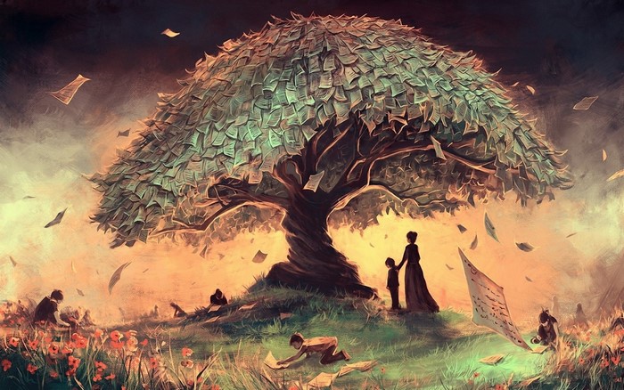 Tree of knowledge with people reading papers