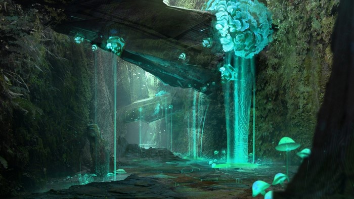 Alien jungle with crashed spaceship and glowing flora
