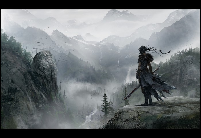 Senua from Hellblade stands on a cliff overlooking mountains