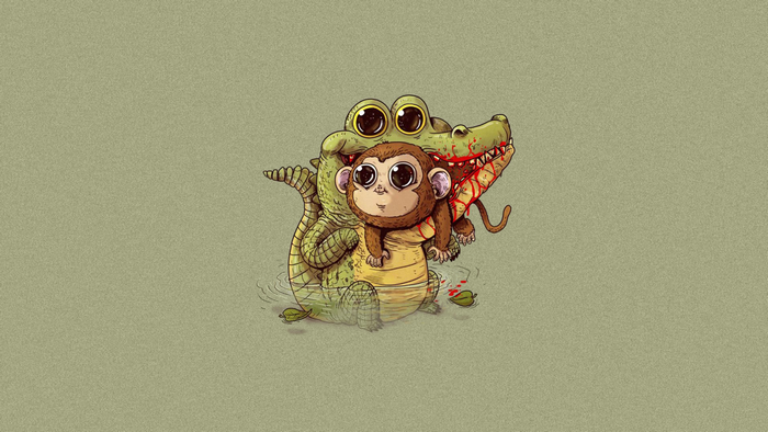 Cartoon alligator eating a monkey