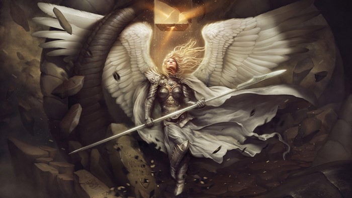 Angel warrior with wings and spear in armor