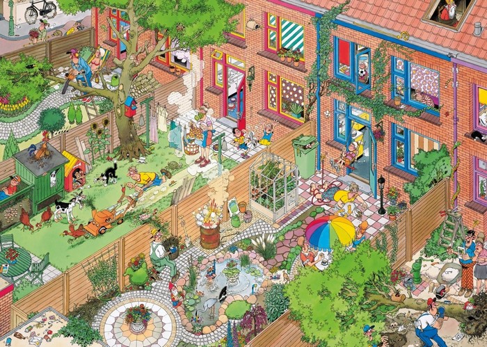 Busy backyard scene with people and animals