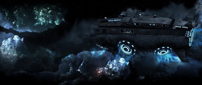 Spaceship in dark, cloudy space