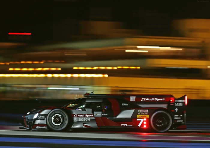 Audi R18 e-tron quattro LMP1 race car at night