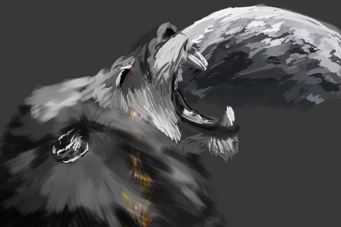 Monochrome artwork of a roaring lion with a large moon