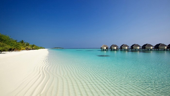Overwater bungalows on a tropical beach in the Maldives