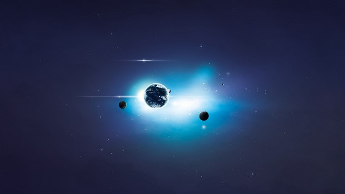 Planets and stars in deep space with bright nebula