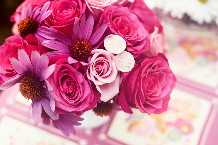 Pink Garden Roses and Echinacea Flower Bouquet
