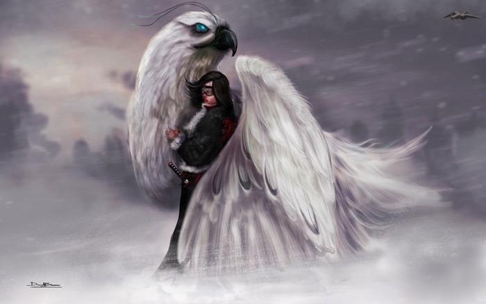 Fantasy art of a woman with a large white bird