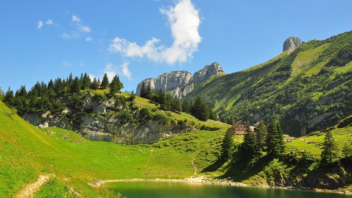 Mountain lake with house and rocky peaks in Switzerland