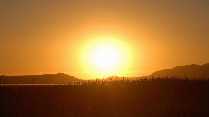 Sunset over a grassy field and mountains