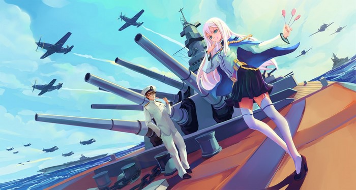 Anime girl and captain on a battleship with planes