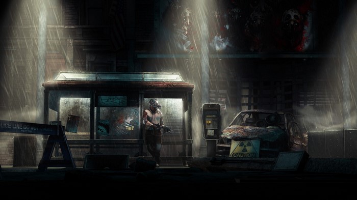 Apocalyptic scene with a person in a gas mask at a bus stop
