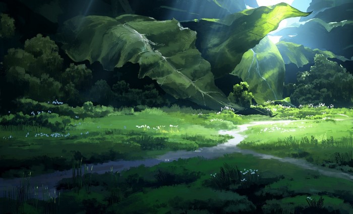 Sunlit Forest Clearing with Giant Leaves