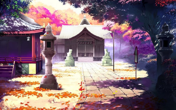 Anime shrine with autumn trees and stone lanterns