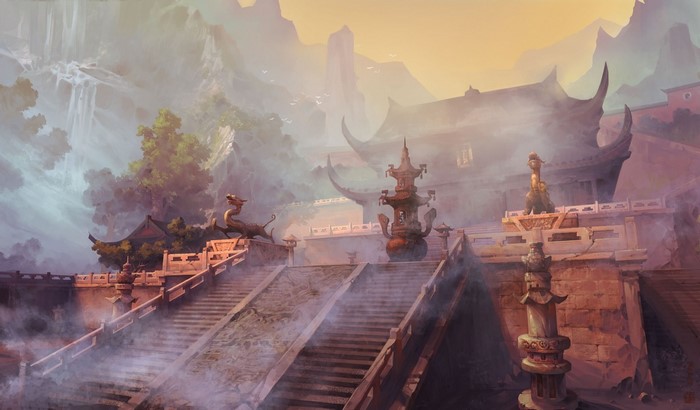 Ancient Chinese temple complex in misty mountains
