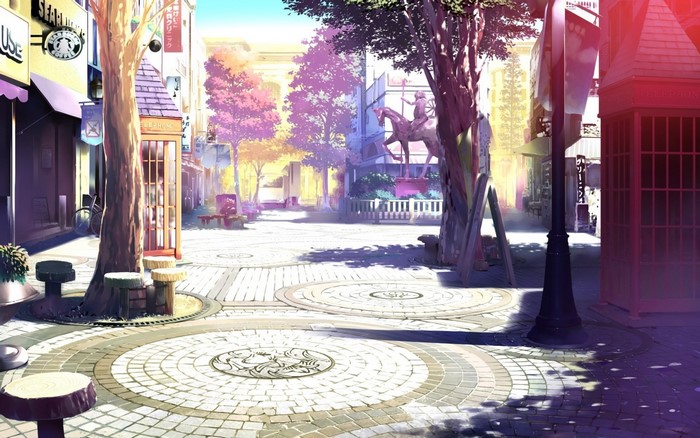 Anime street scene with statue and phone booth