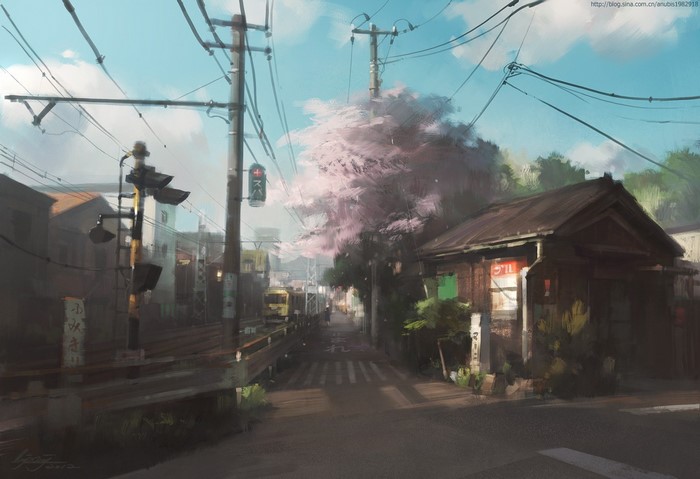 Japanese street with cherry blossoms and train