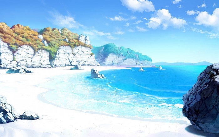 Anime beach with cliffs and blue ocean