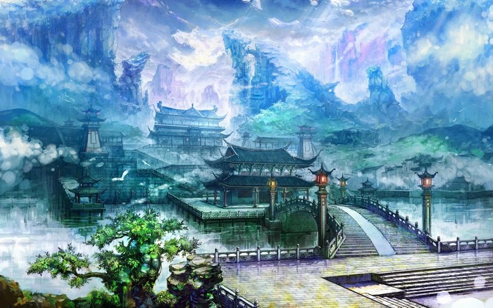 Fantasy Asian landscape with traditional architecture and mountains