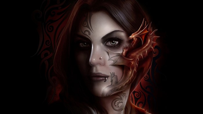Fantasy art illustration of a woman with a dragon on her face