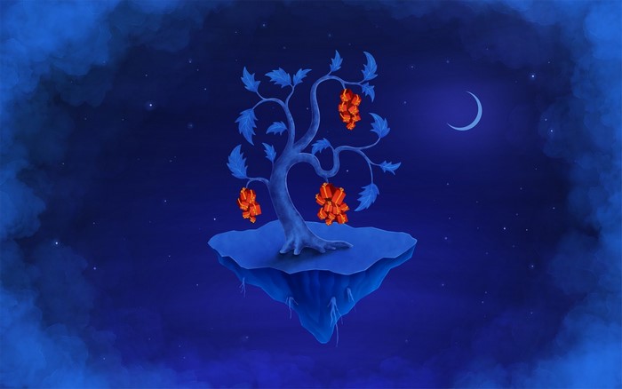 Floating island with a tree bearing gifts at night