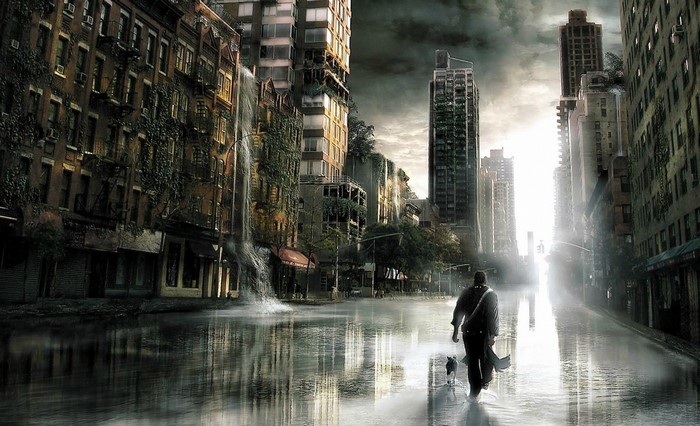 Man and dog walk through flooded apocalyptic city