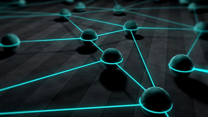 Abstract network of glowing spheres and lines