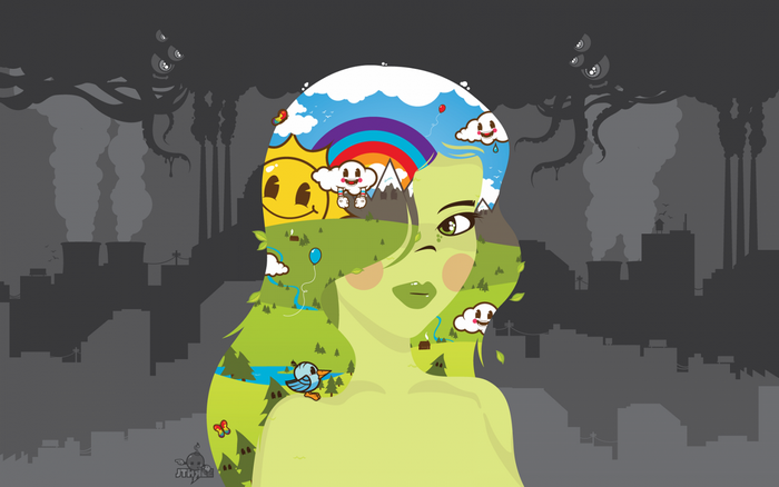 Illustration of a woman with a landscape inside her head
