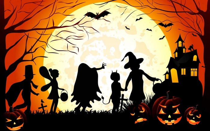 Halloween illustration with children in costumes and haunted house
