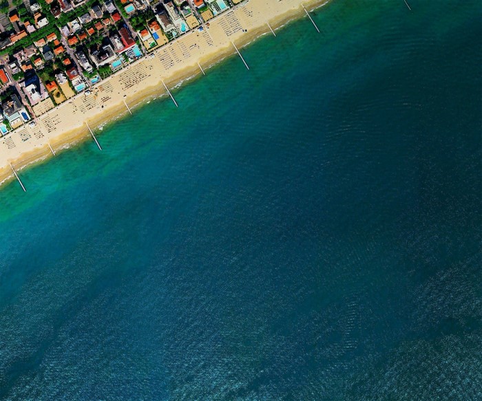 Aerial view of a beach resort town and the ocean