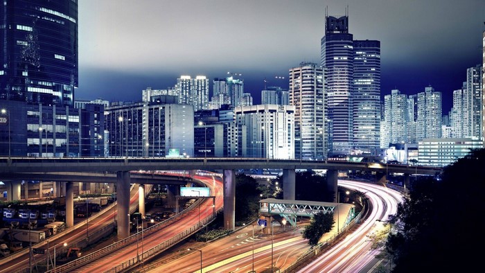 Hong Kong cityscape at night with long exposure traffic