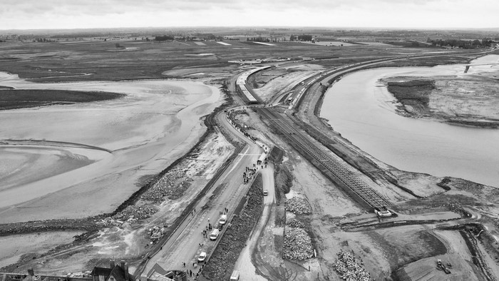 Aerial view of road construction near Mont Saint-Michel, France