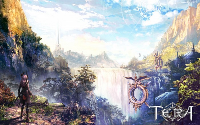 Tera online fantasy landscape with waterfall and city