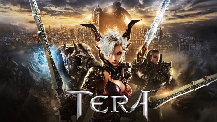 Tera video game characters with swords and city background