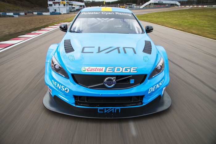 Blue Volvo S60 Polestar TC1 WTCC race car on track