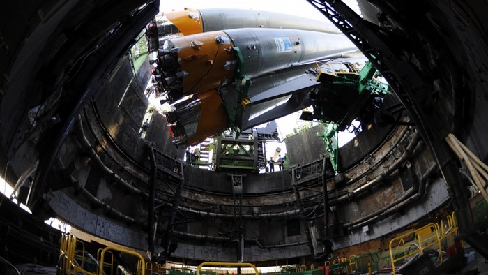 Soyuz space rocket in launchpad structure