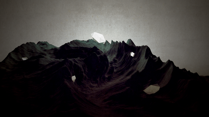 Dark mountains with floating geometric shapes