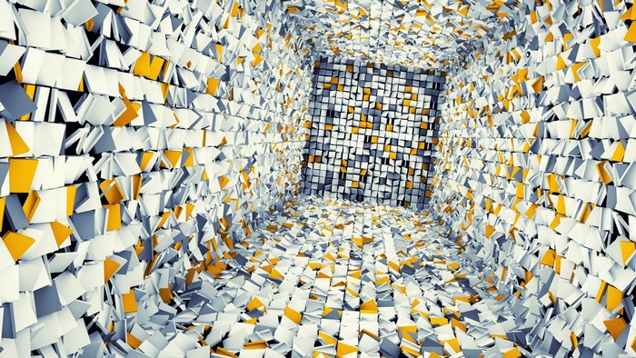 Abstract digital art of a square tunnel with mosaic pattern
