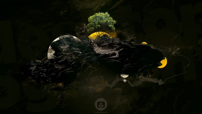 Surreal landscape with tree and planets